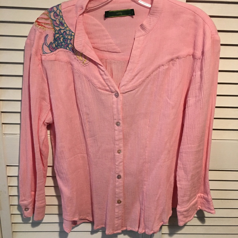 Oilily Pink Button Down Shirt with Embroidered Detail